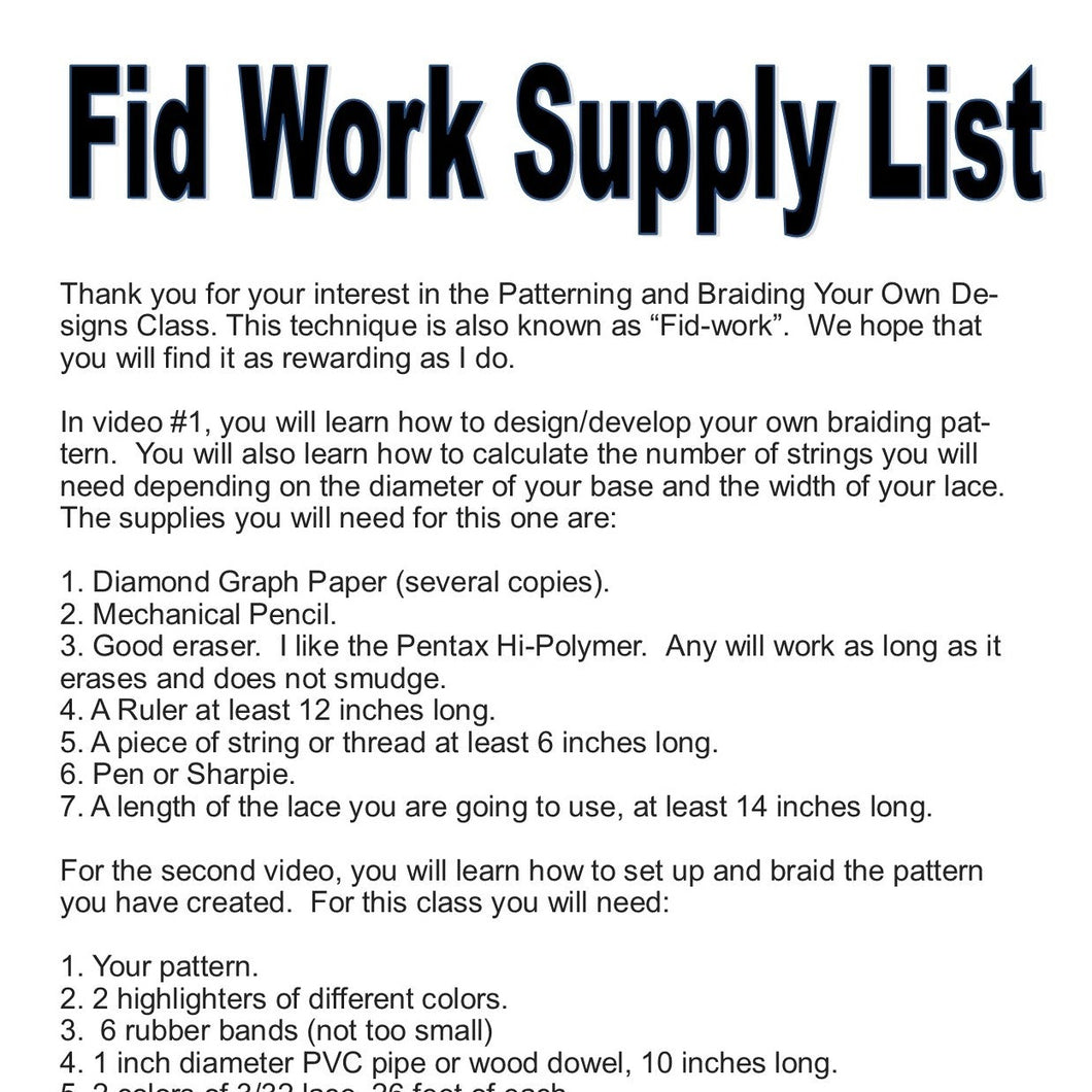 Fid Work Supply List
