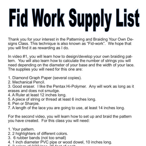 Fid Work Supply List